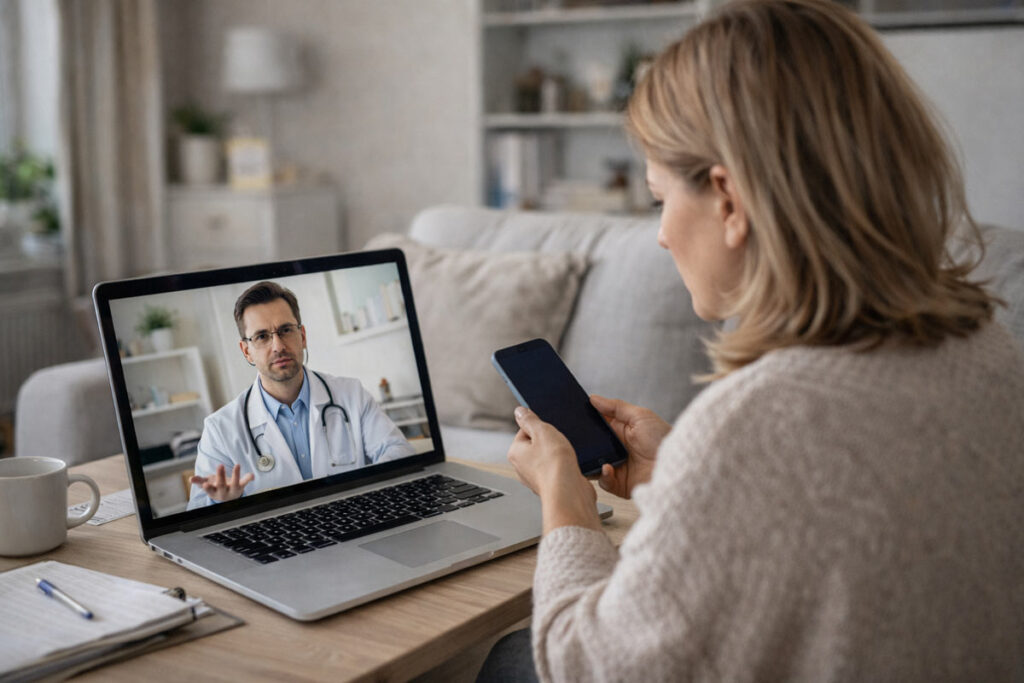 Konsultacja lekarska online – pacjentka rozmawia z laptopem podczas przebywania na odległość