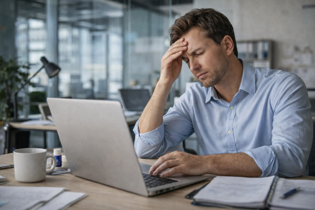 Zmęczony pracujący przy laptopie odczuwający brak energii